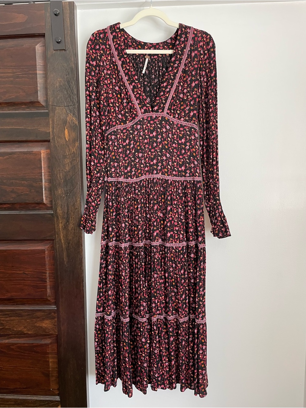 Free People Take A Little Time Black Floral Long-Sleeve Tiered Midi Dress